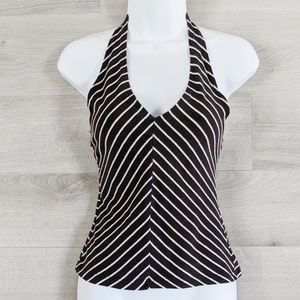 Black/White Mitered Stripe Halter V-Neck Tank  S/M